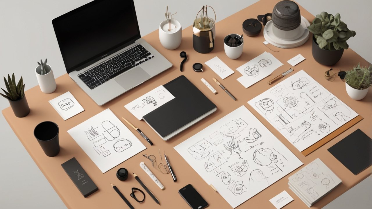 Creative logo ideas and sketches on a designer’s desk for brand inspiration