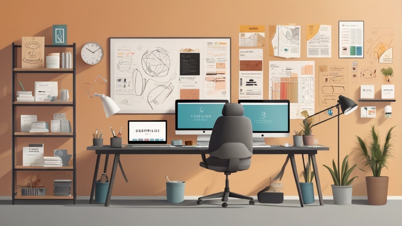 Illustration of a digital brand style guide workspace with design elements like logos, typography, and color palettes